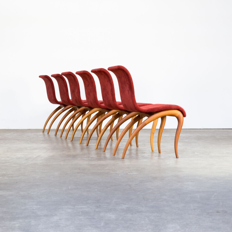 Set of 6 red chairs by Marconato and Zappa