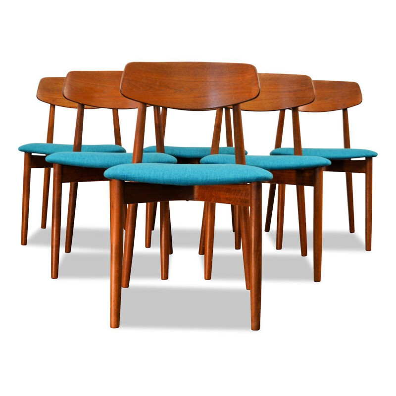 Set of 6 blue chairs in teak by Harry Ostergaard