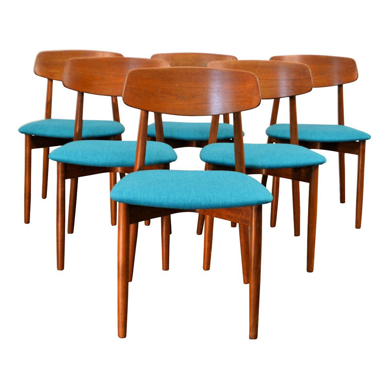 Set of 6 blue chairs in teak by Harry Ostergaard