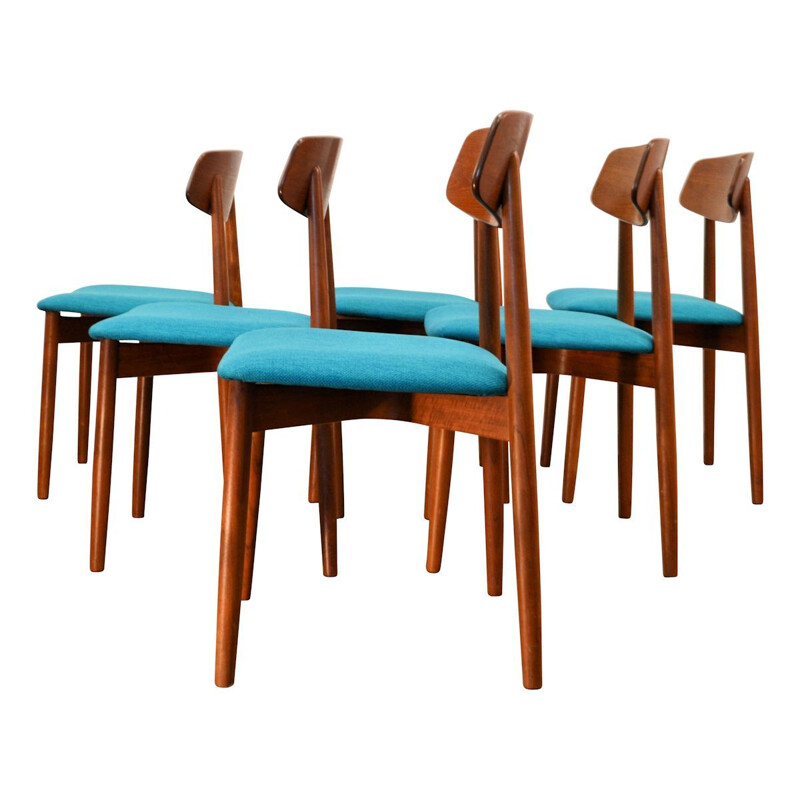 Set of 6 blue chairs in teak by Harry Ostergaard