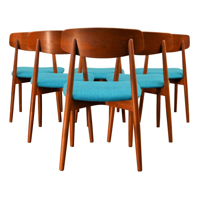 Set of 6 blue chairs in teak by Harry Ostergaard