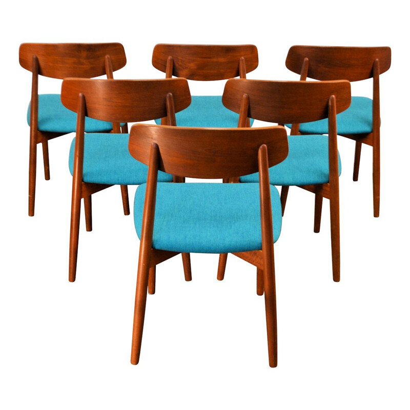 Set of 6 blue chairs in teak by Harry Ostergaard