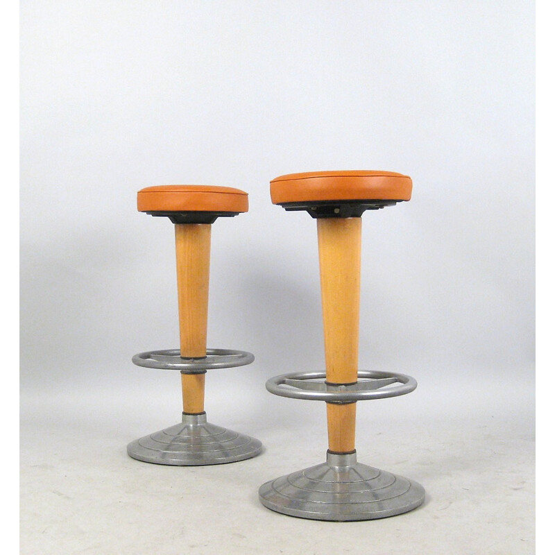 High stool in leather, beechwood and aluminum - 1960s