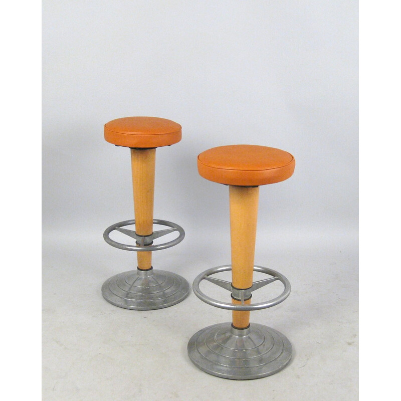 High stool in leather, beechwood and aluminum - 1960s