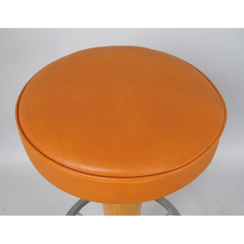 High stool in leather, beechwood and aluminum - 1960s