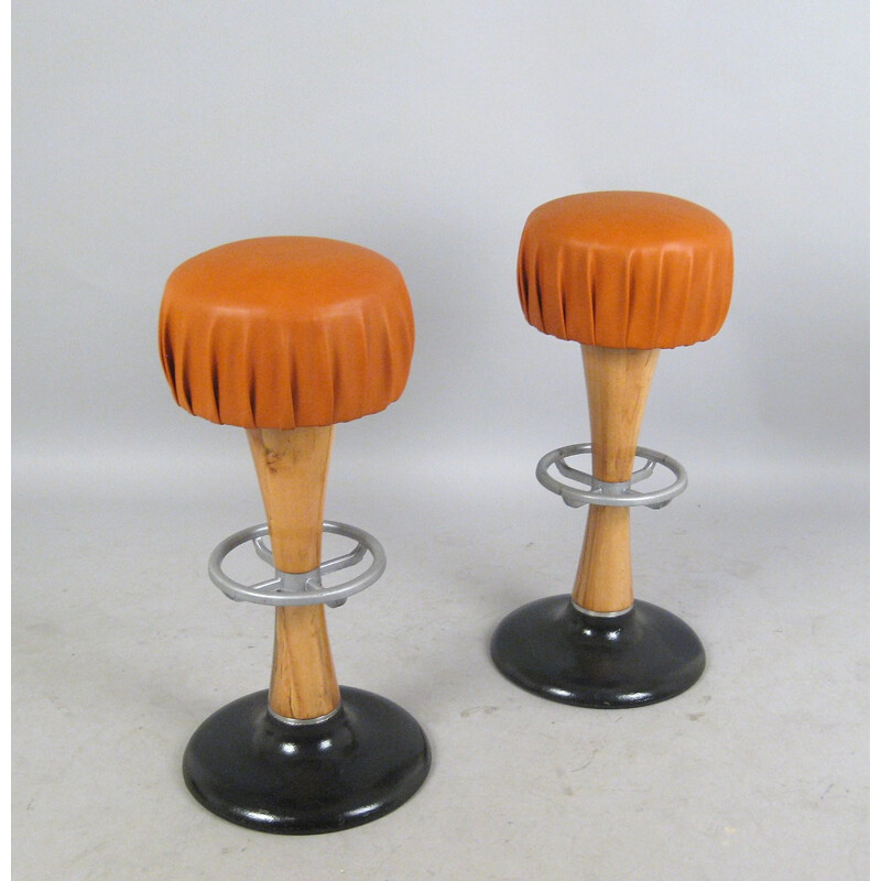 High stool in leather, beechwood, metal and aluminum - 1960s