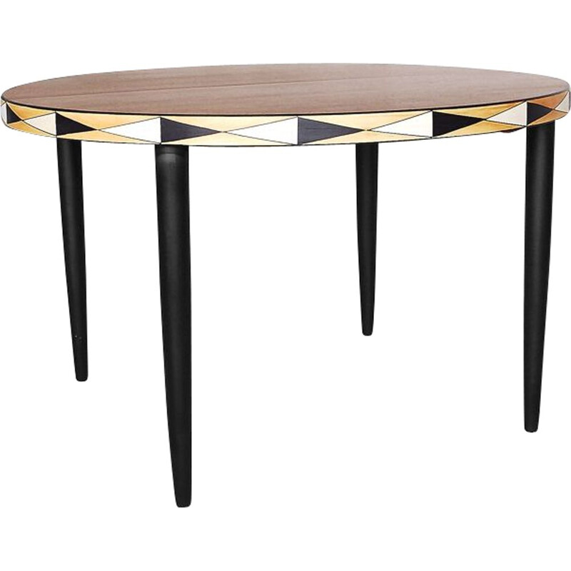 Table vintage extensible en teck avec motif peint à la main 1960