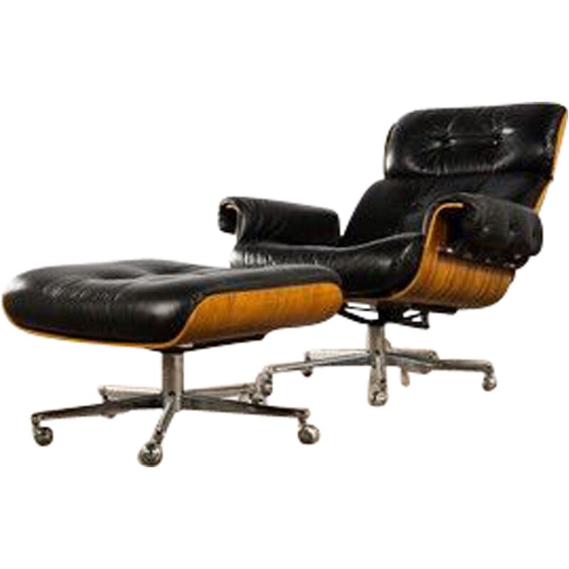 French vintage armchair in black leather and rosewood 1960