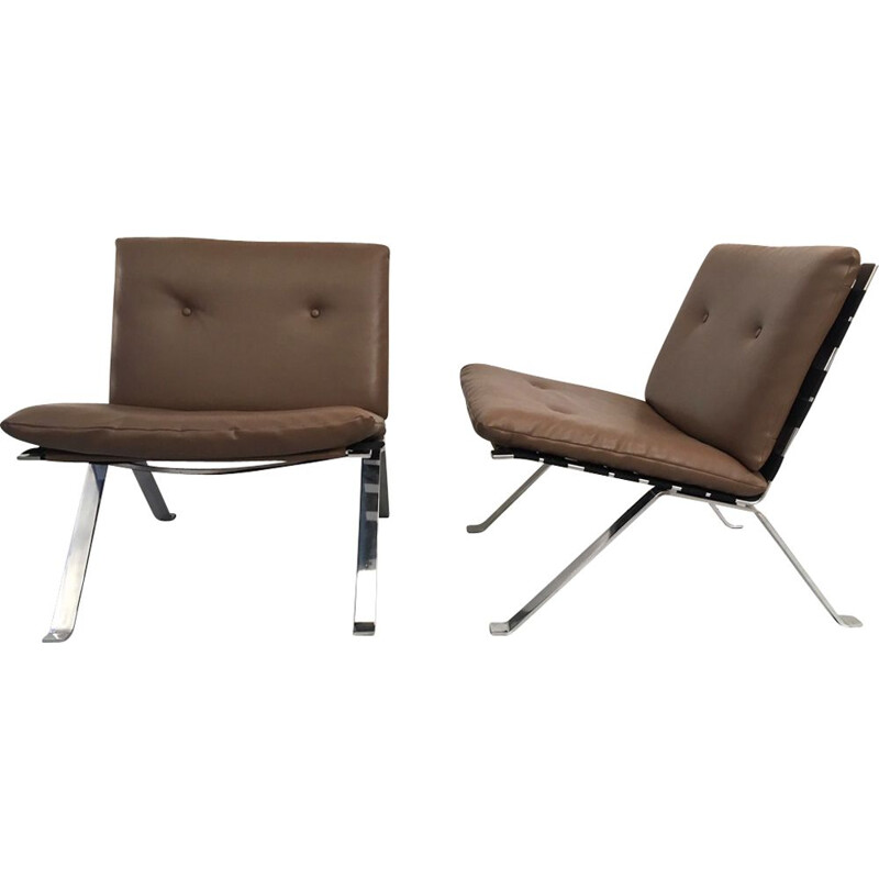 Pair of vintage low chairs without arms by Hans Eichenberger in leatherette and chrome steel