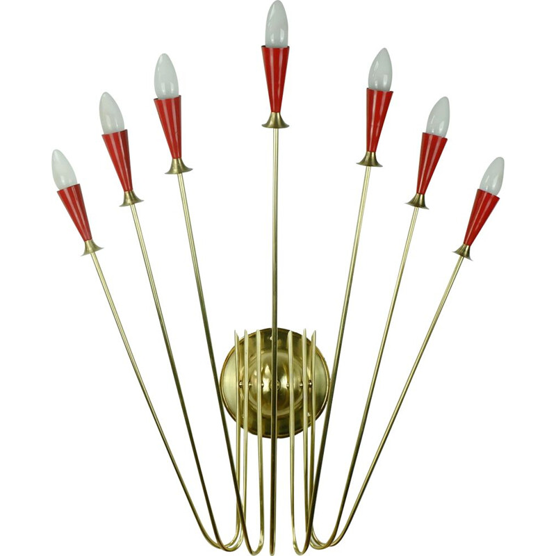 Applique vintage Spoutnik 7 lumières en laiton rouge et jaune 1950