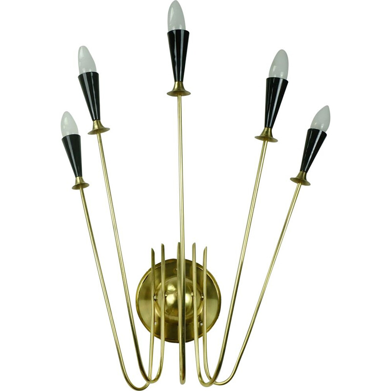 Large vintage black sputnik 5-light wall lamp in brass 1950