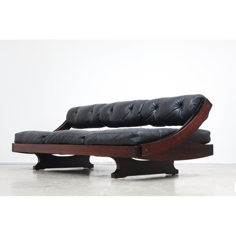 Convertible 3-seater sofa in black leather and rosewood, Gianni SONGIA - 1960s