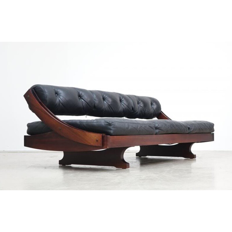 Convertible 3-seater sofa in black leather and rosewood, Gianni SONGIA - 1960s