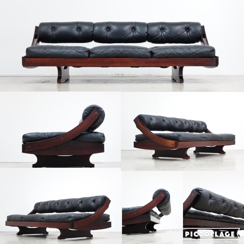 Convertible 3-seater sofa in black leather and rosewood, Gianni SONGIA - 1960s