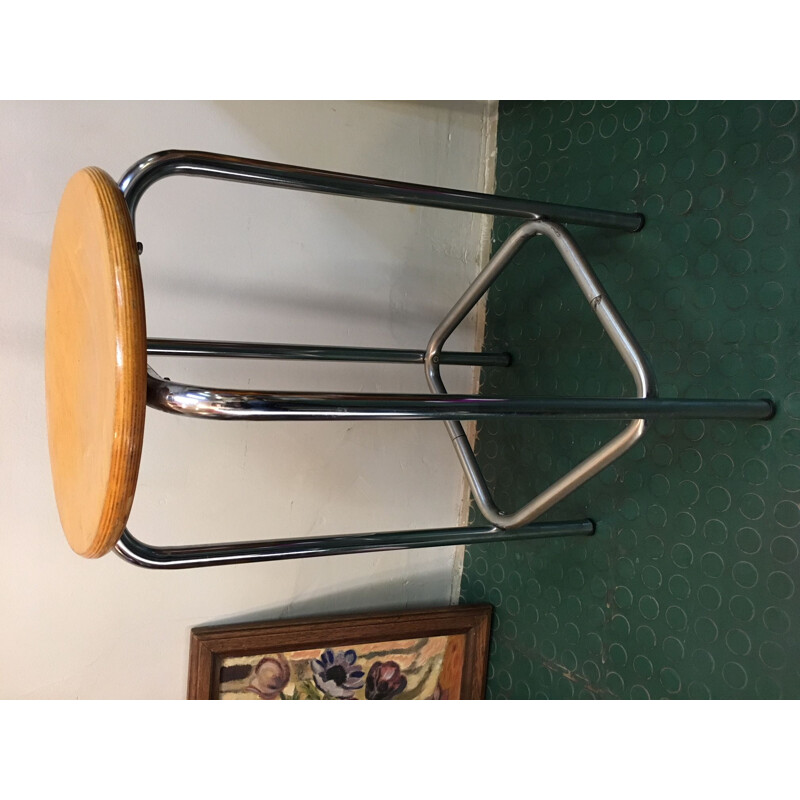 Vintage French high stool in chrome