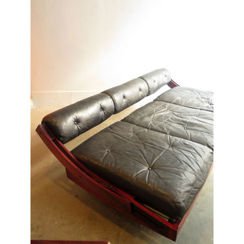 Vintage sofa bed in rosewood and leather by Gianni Songia