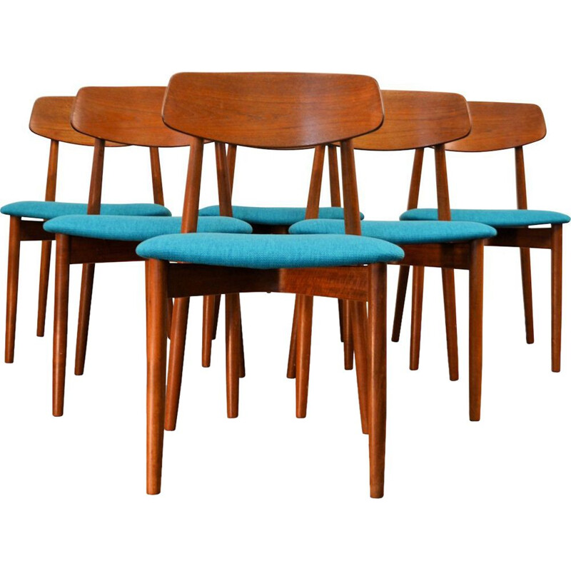 Set of 6 blue chairs in teak by Harry Ostergaard