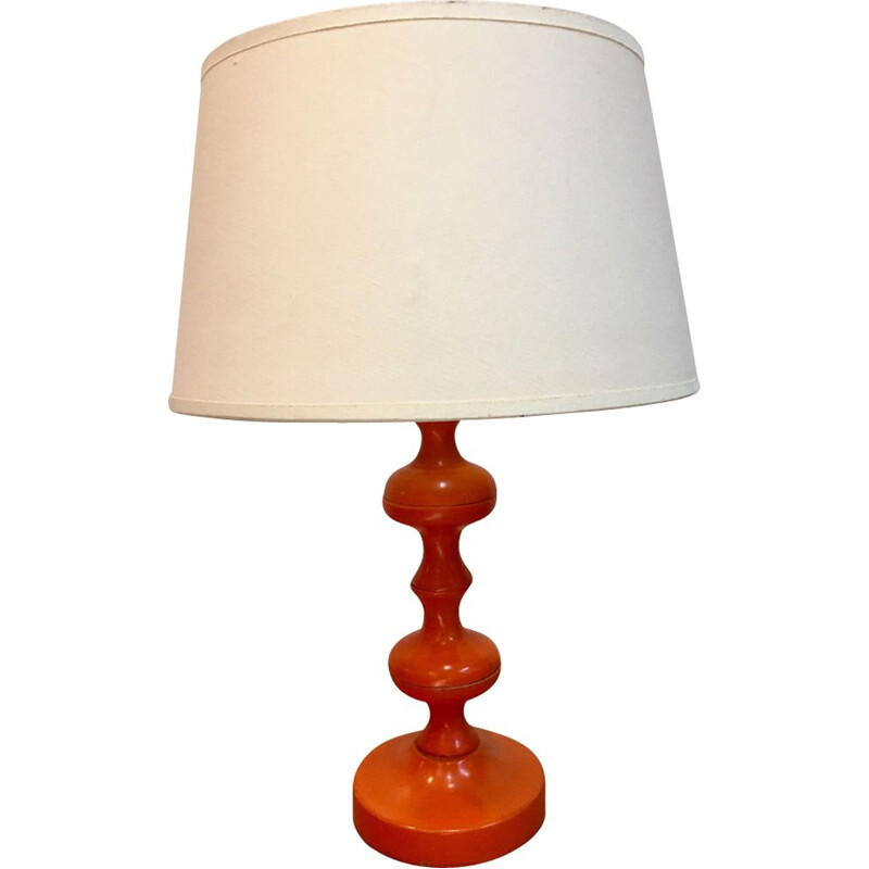 Lampe de table vintage orange en bois tourné