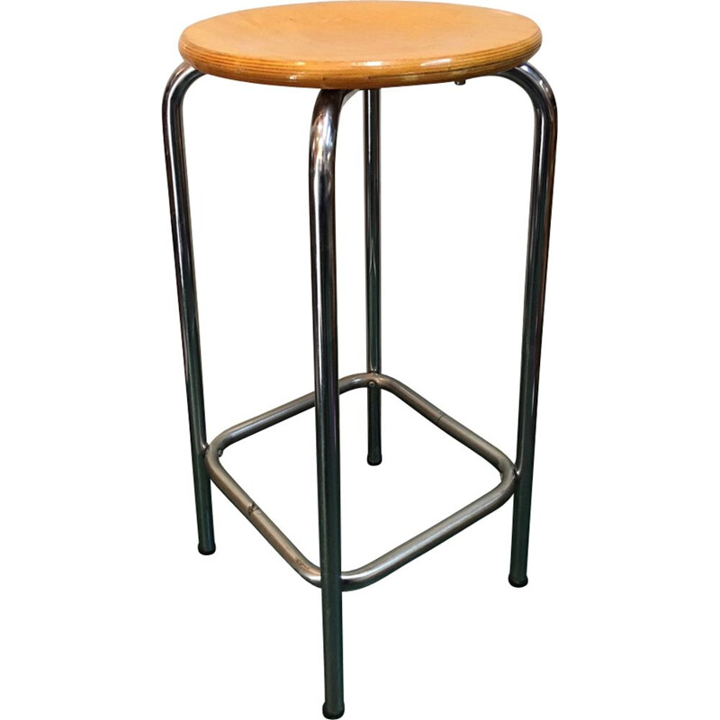 Vintage French high stool in chrome