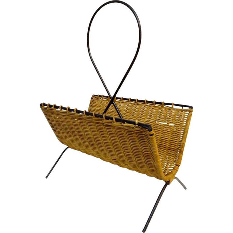 Vintage French magazine rack in steel and rattan