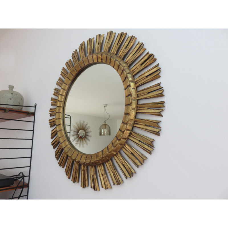 Vintage golden sun mirror in wood from France 1970