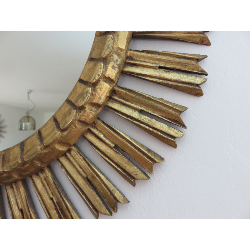 Vintage golden sun mirror in wood from France 1970