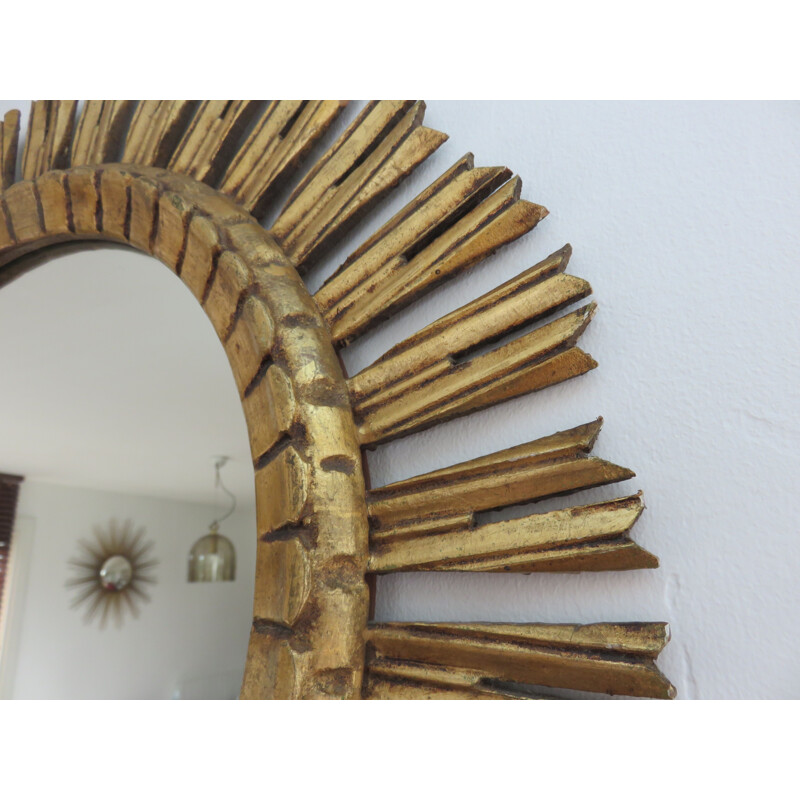 Vintage golden sun mirror in wood from France 1970