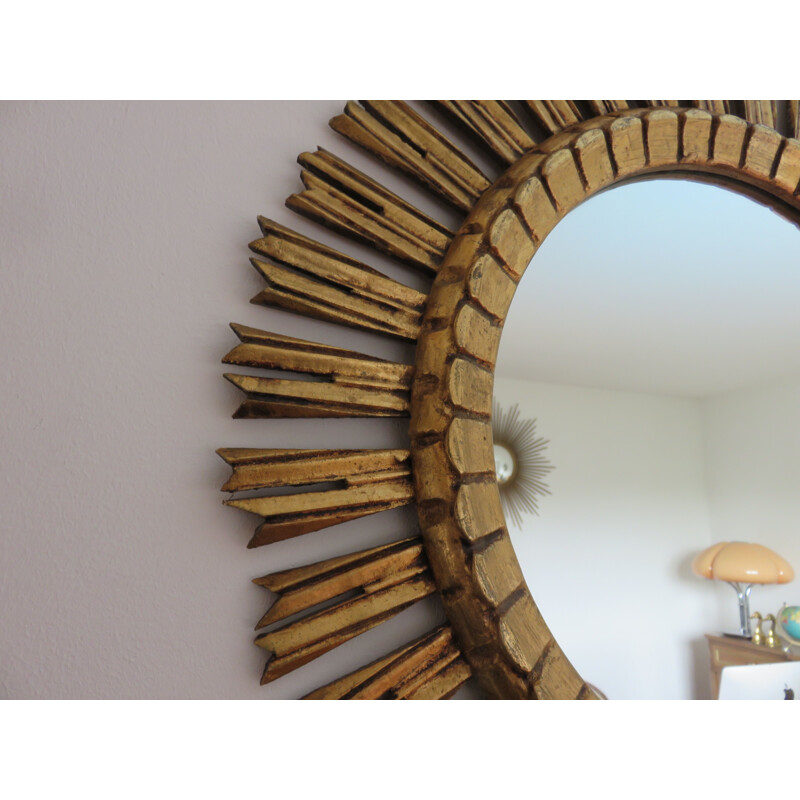 Vintage golden sun mirror in wood from France 1970