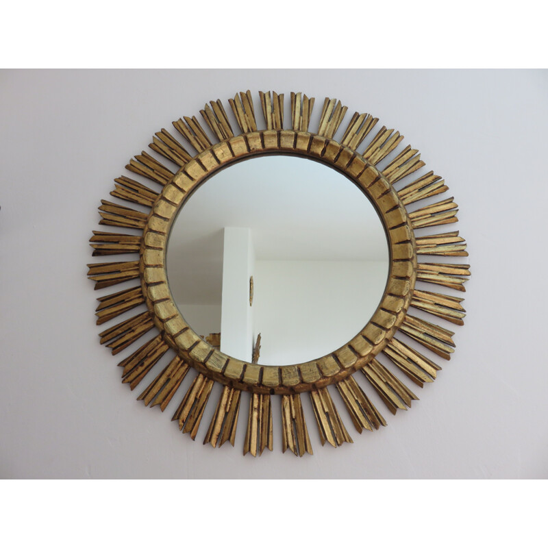 Vintage golden sun mirror in wood from France 1970