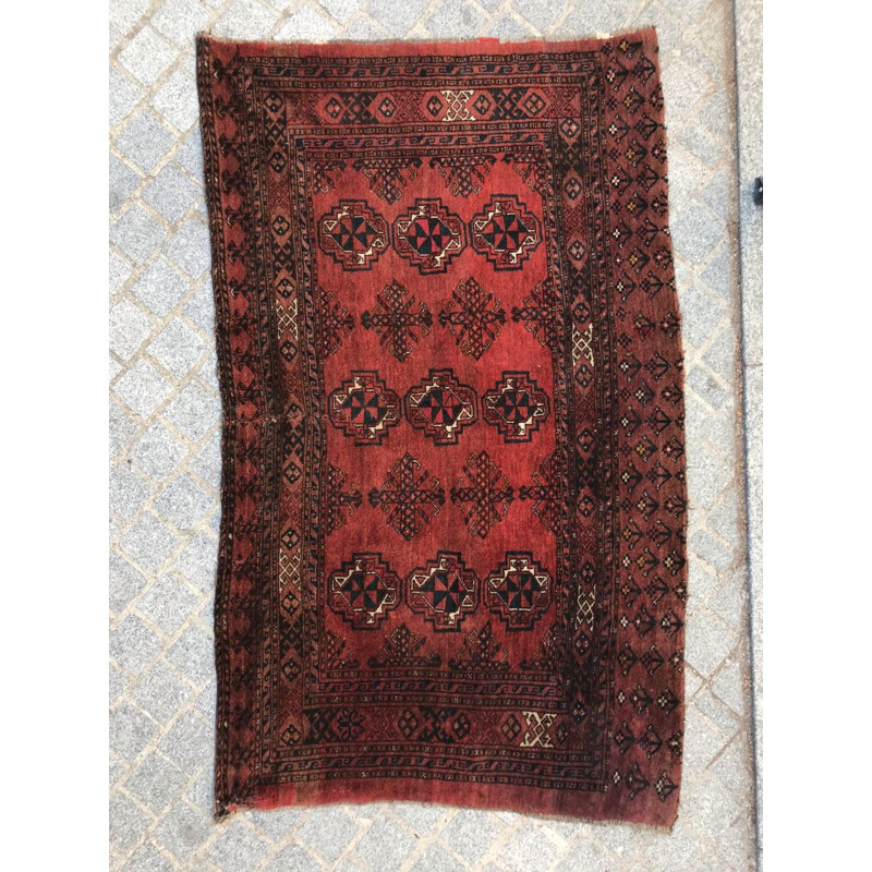Tapis vintage afghan en velours et laine rouge 1930
