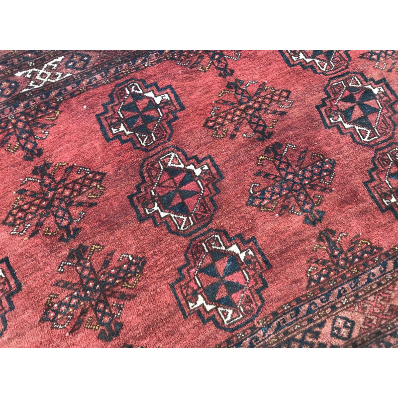 Tapis vintage afghan en velours et laine rouge 1930