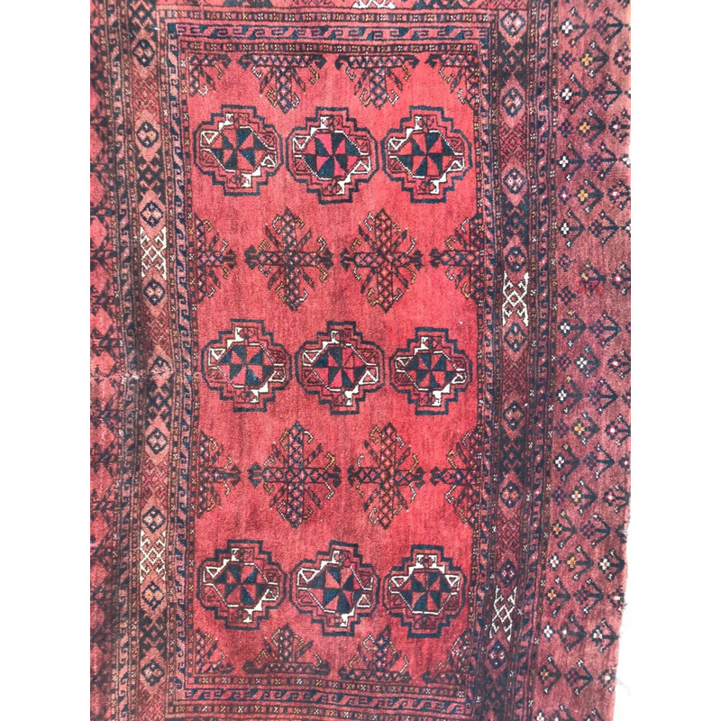 Tapis vintage afghan en velours et laine rouge 1930