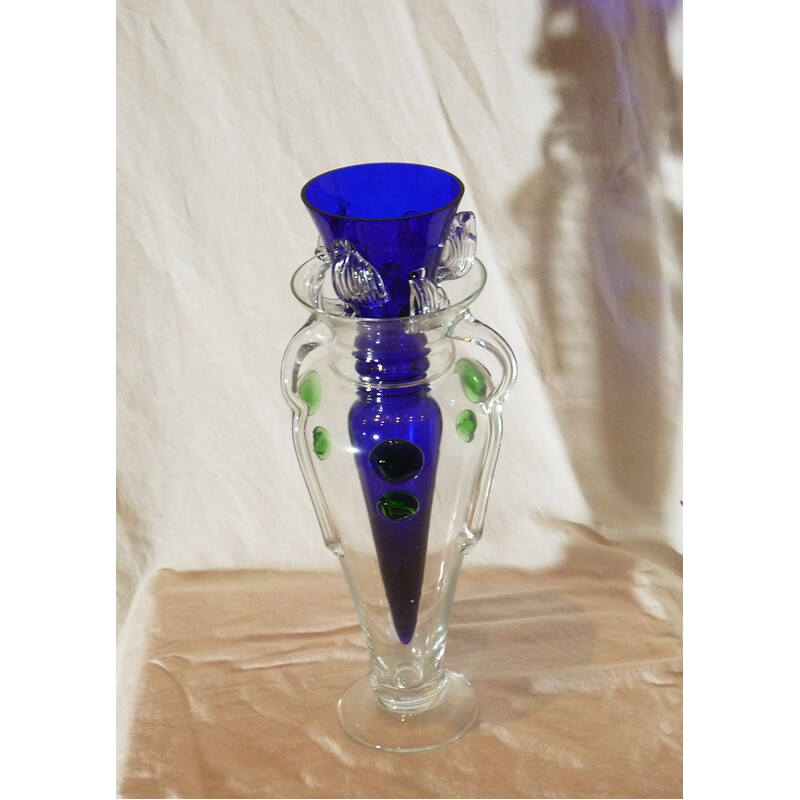 Vase vintage Amélie en verre bleu et vert par Driade 1990