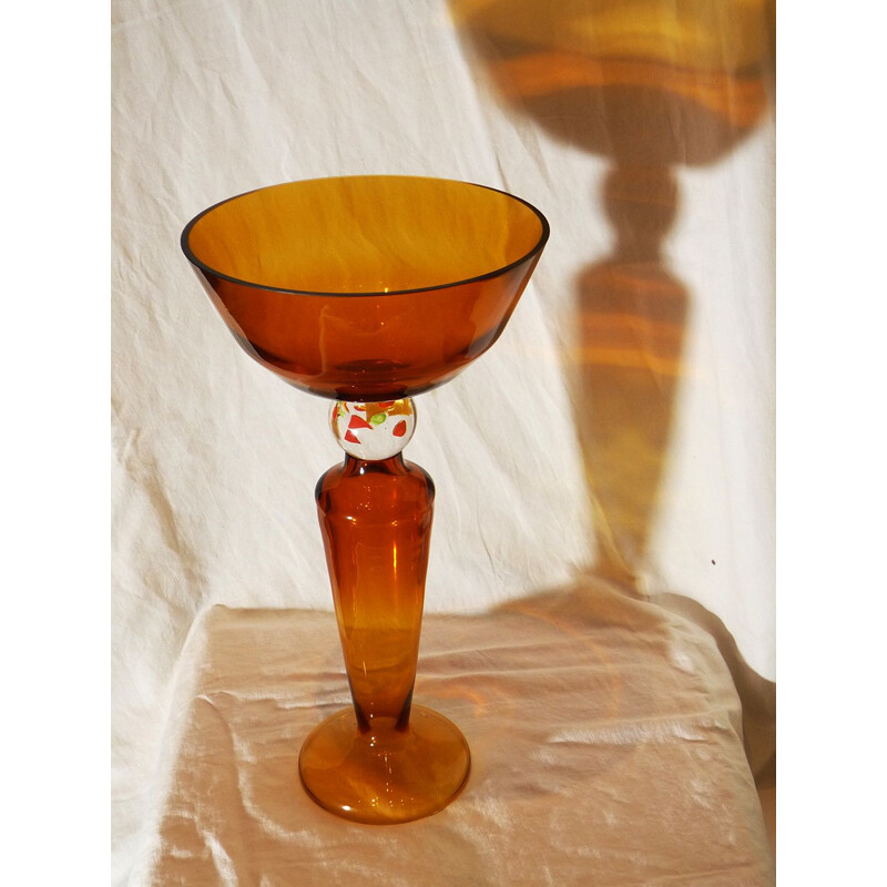 Vintage tall glass bowl, thick orange tinted glass, 1980