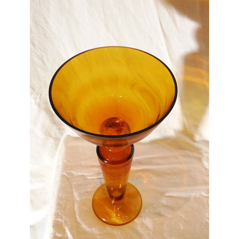 Haute coupe vintage en verre épais teinté orange, 1980