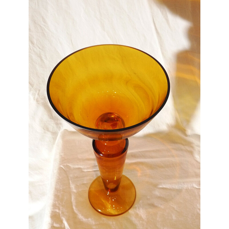 Vintage tall glass bowl, thick orange tinted glass, 1980