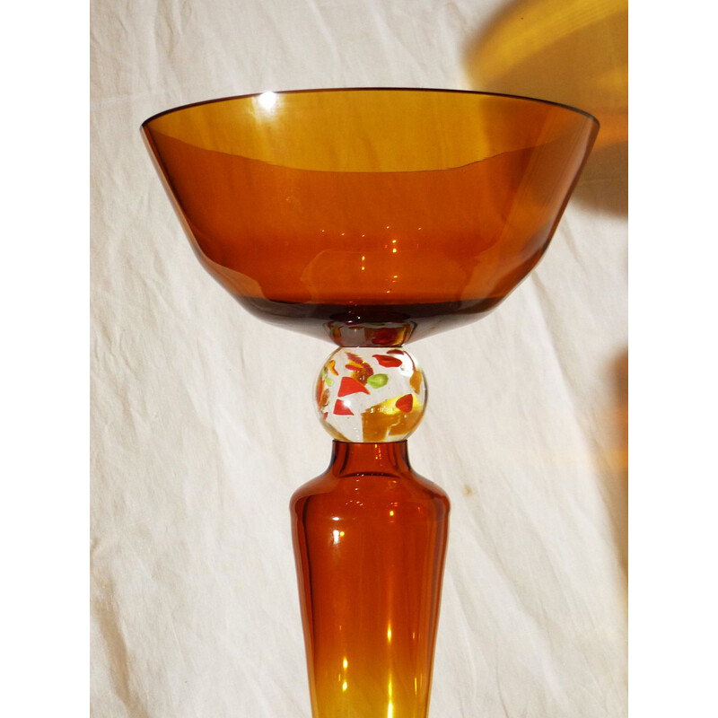 Vintage tall glass bowl, thick orange tinted glass, 1980