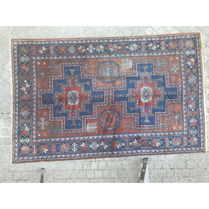 Vintage blue and red Sinkiang carpet in wool and cotton 1970