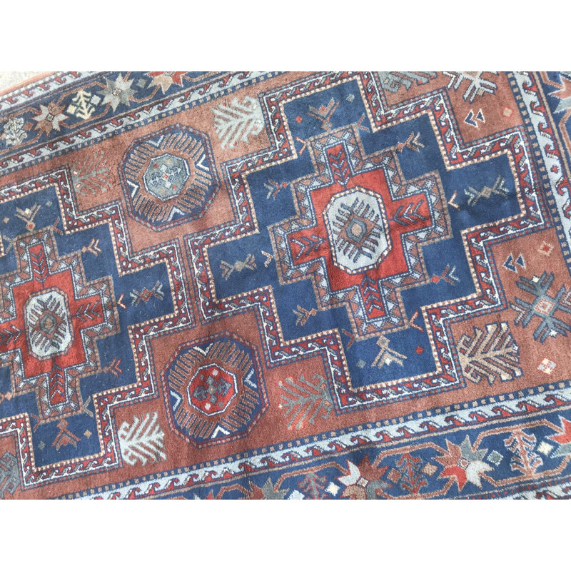 Vintage blue and red Sinkiang carpet in wool and cotton 1970