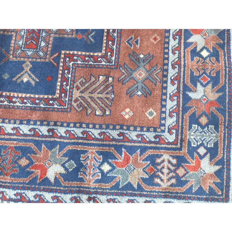 Vintage blue and red Sinkiang carpet in wool and cotton 1970