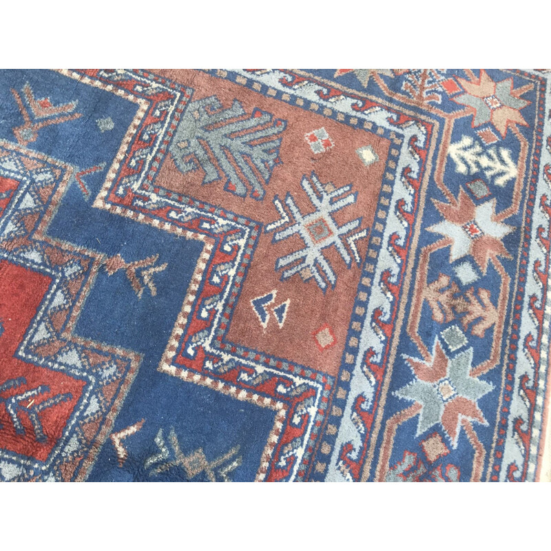 Vintage blue and red Sinkiang carpet in wool and cotton 1970