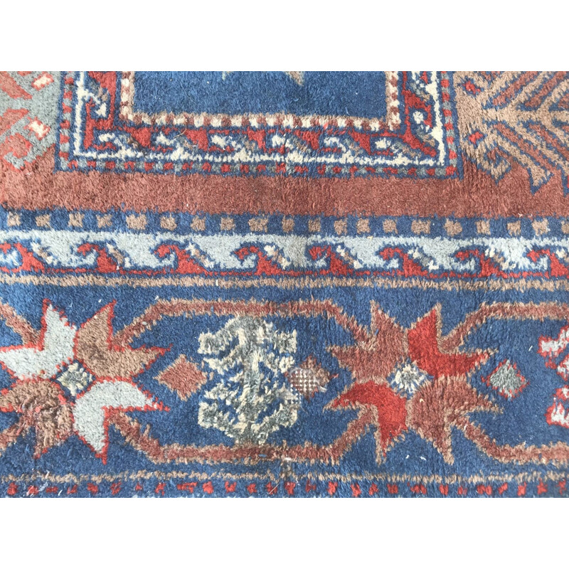 Vintage blue and red Sinkiang carpet in wool and cotton 1970