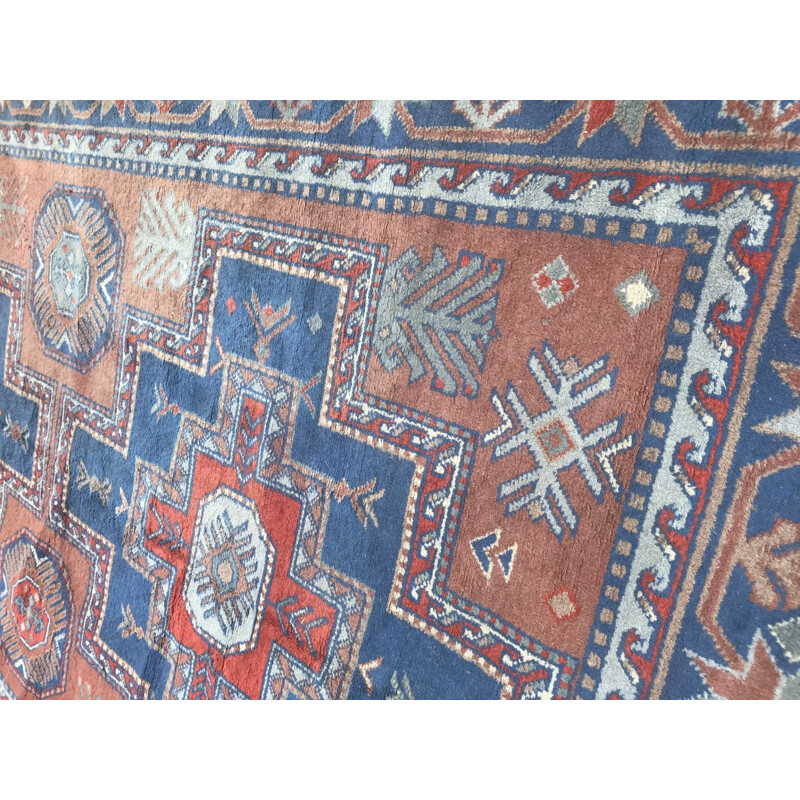 Vintage blue and red Sinkiang carpet in wool and cotton 1970