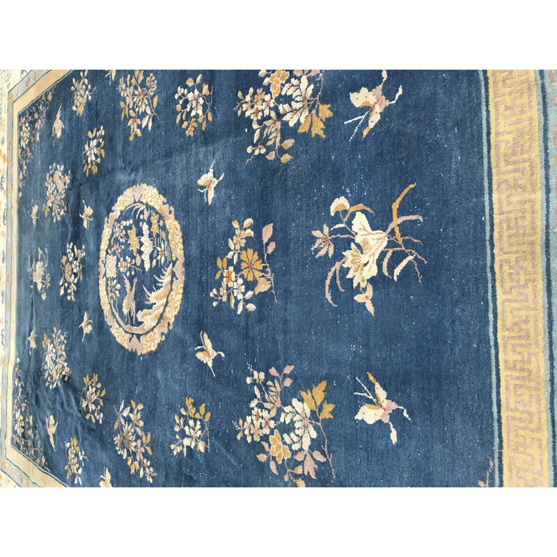 Tapis vintage en coton et laine bleu 1930