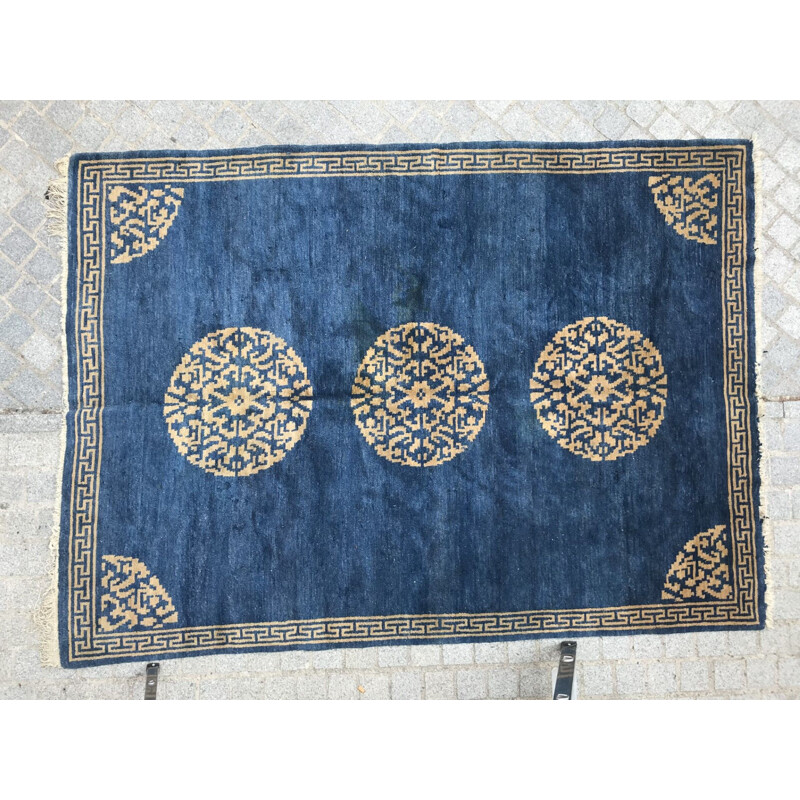 Vintage tibetan carpet in wool and blue cotton 1980