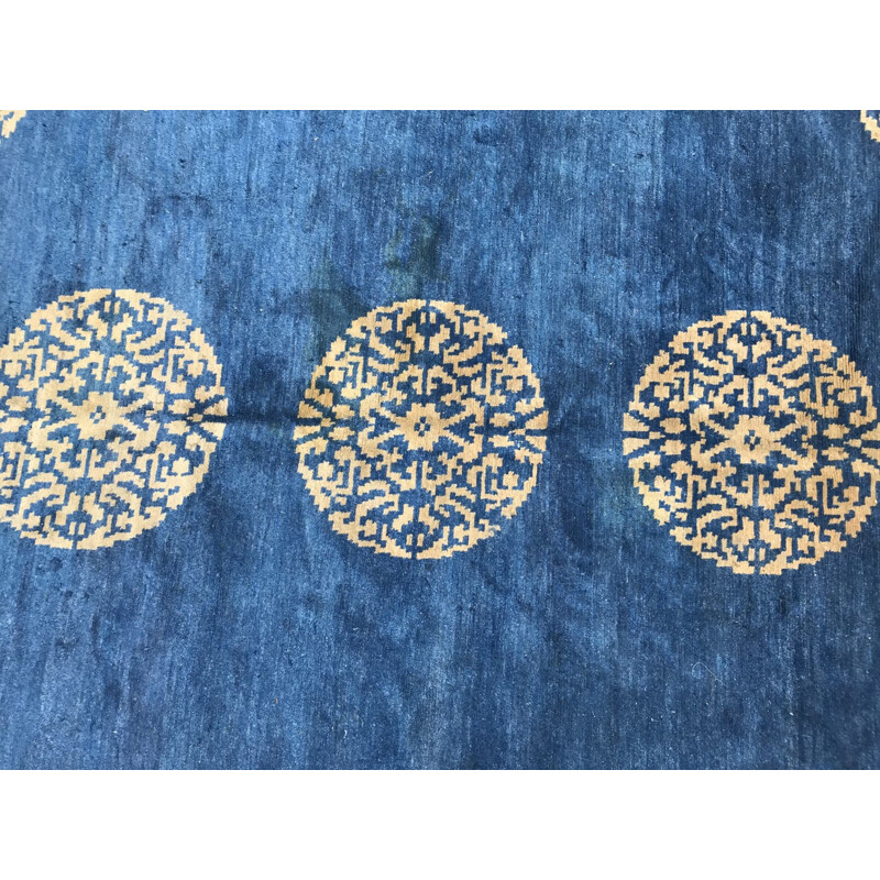 Vintage tibetan carpet in wool and blue cotton 1980