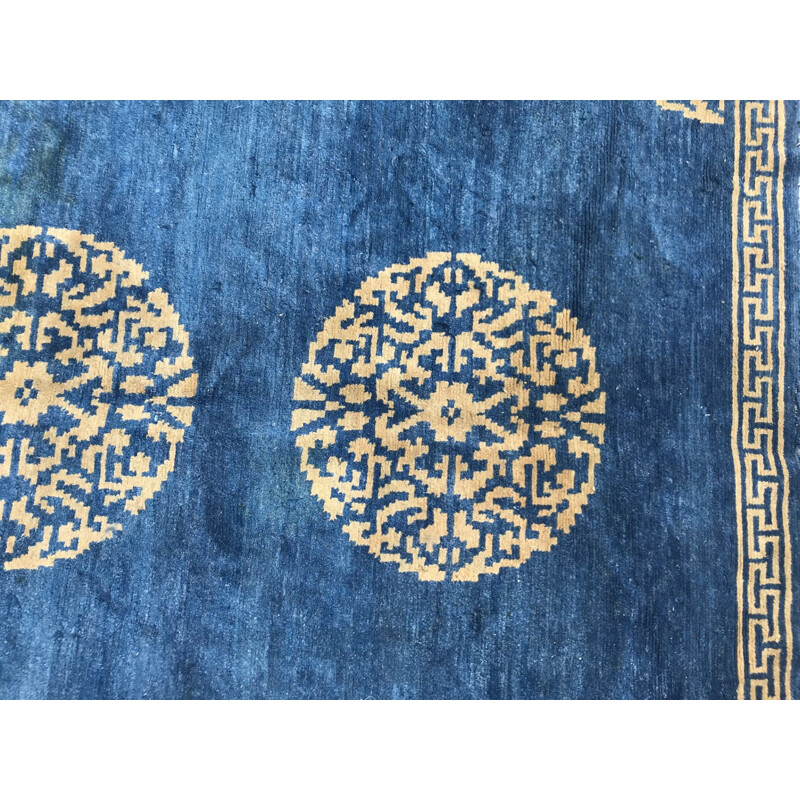 Vintage tibetan carpet in wool and blue cotton 1980