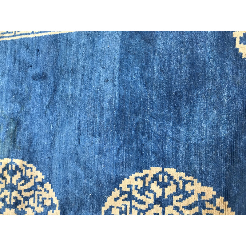 Vintage tibetan carpet in wool and blue cotton 1980