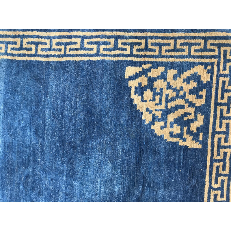 Vintage tibetan carpet in wool and blue cotton 1980