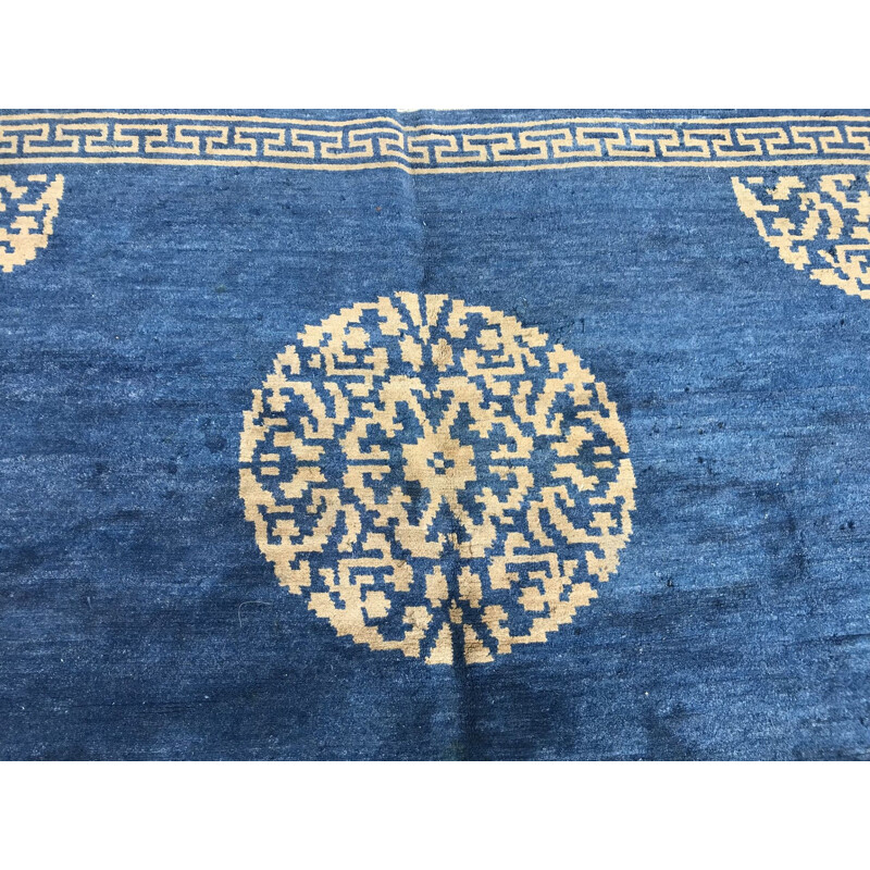 Vintage tibetan carpet in wool and blue cotton 1980